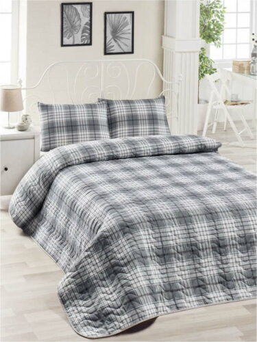 Set bavlněného šedého přehozu přes postel a 2 povlaků na polštáře Harro Mento