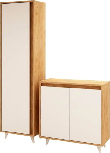 Set bílé botníku a skříně s detaily v dekoru dubového dřeva Garetto Omninde Mod Design